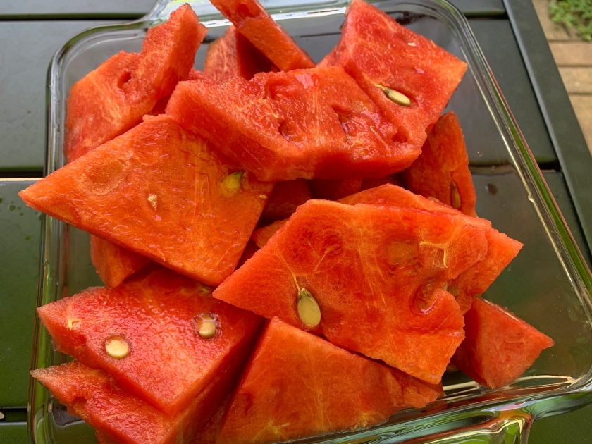 bowl of red watermelon to eat