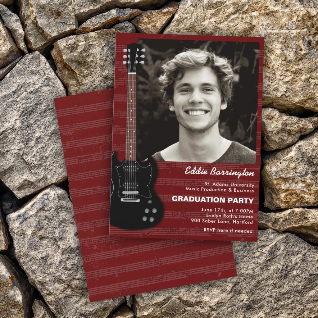 Guitar graduation photo card in red