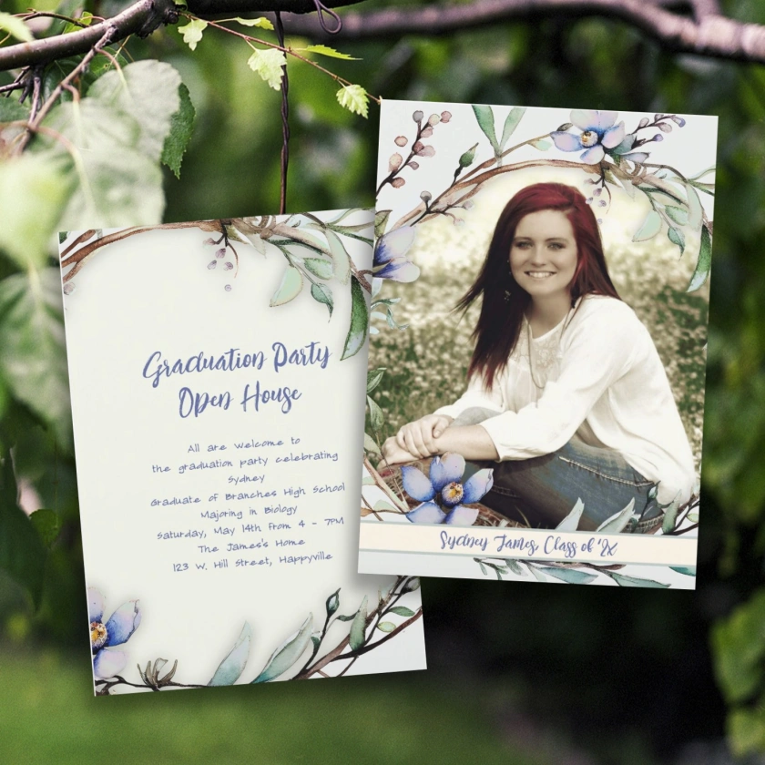 graduation download announcement floral wreath photo template